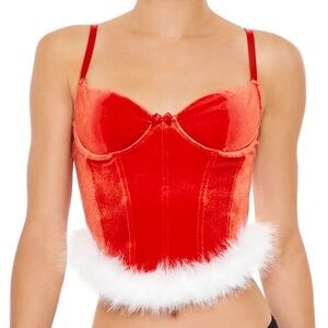 Forever 21 Red Velvet Lingerie Corset Cami w/ White Fur Trim